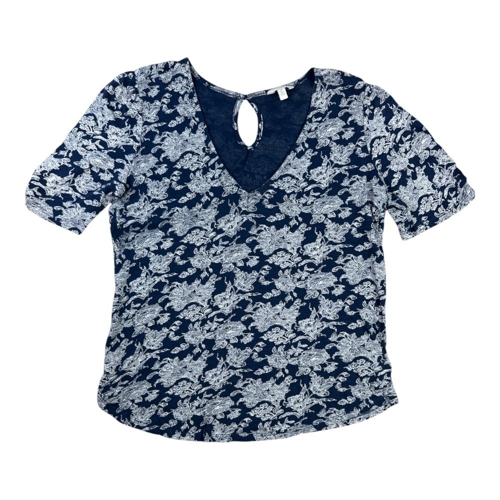 Lucky Brand Womens Navy White Tossed Floral V-Neck Keyhole Ruched Sleeve Tee M